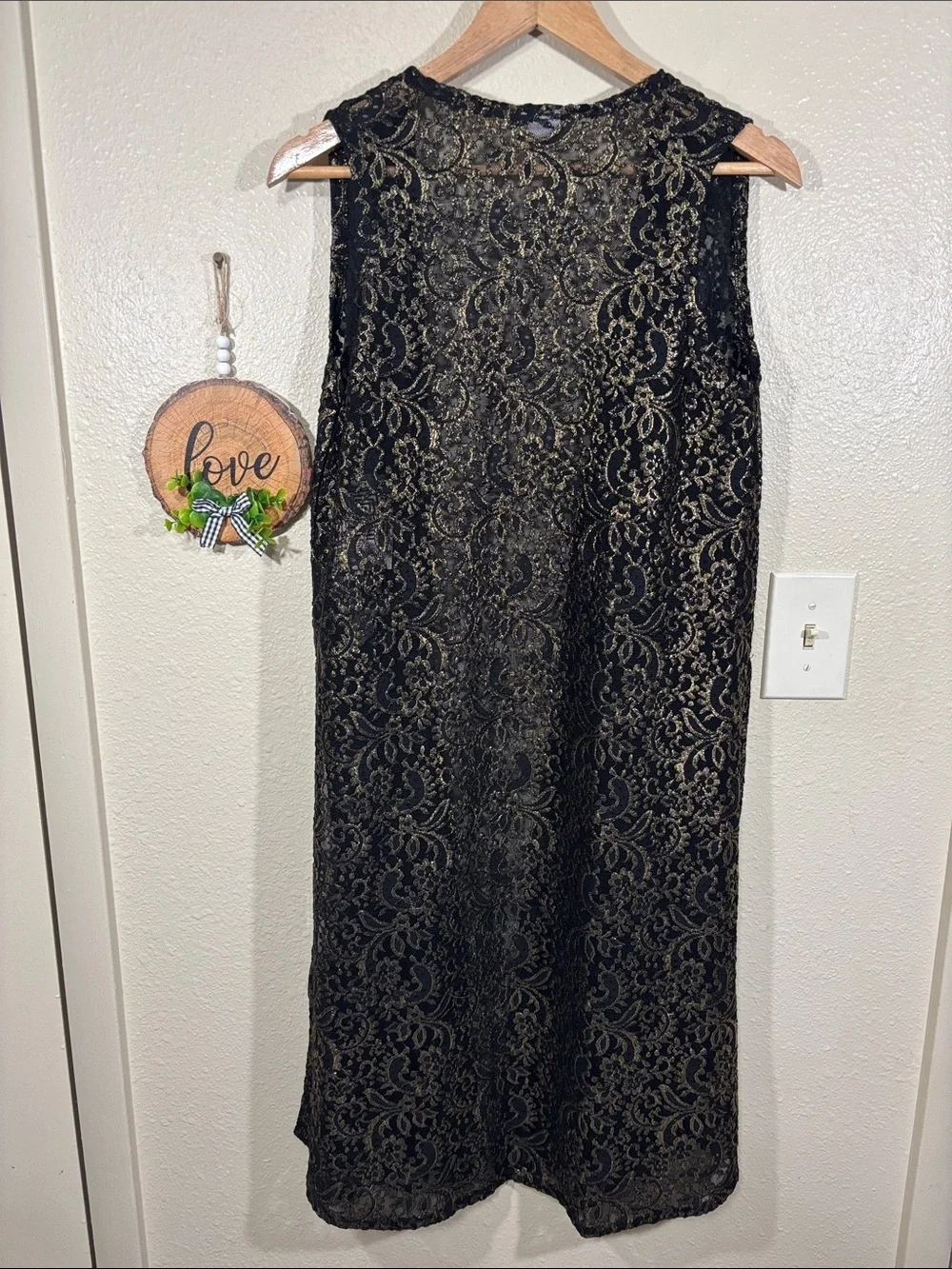 Lularoe Lace Floral Elegant Black/Gold Joy Vest Size S NEW